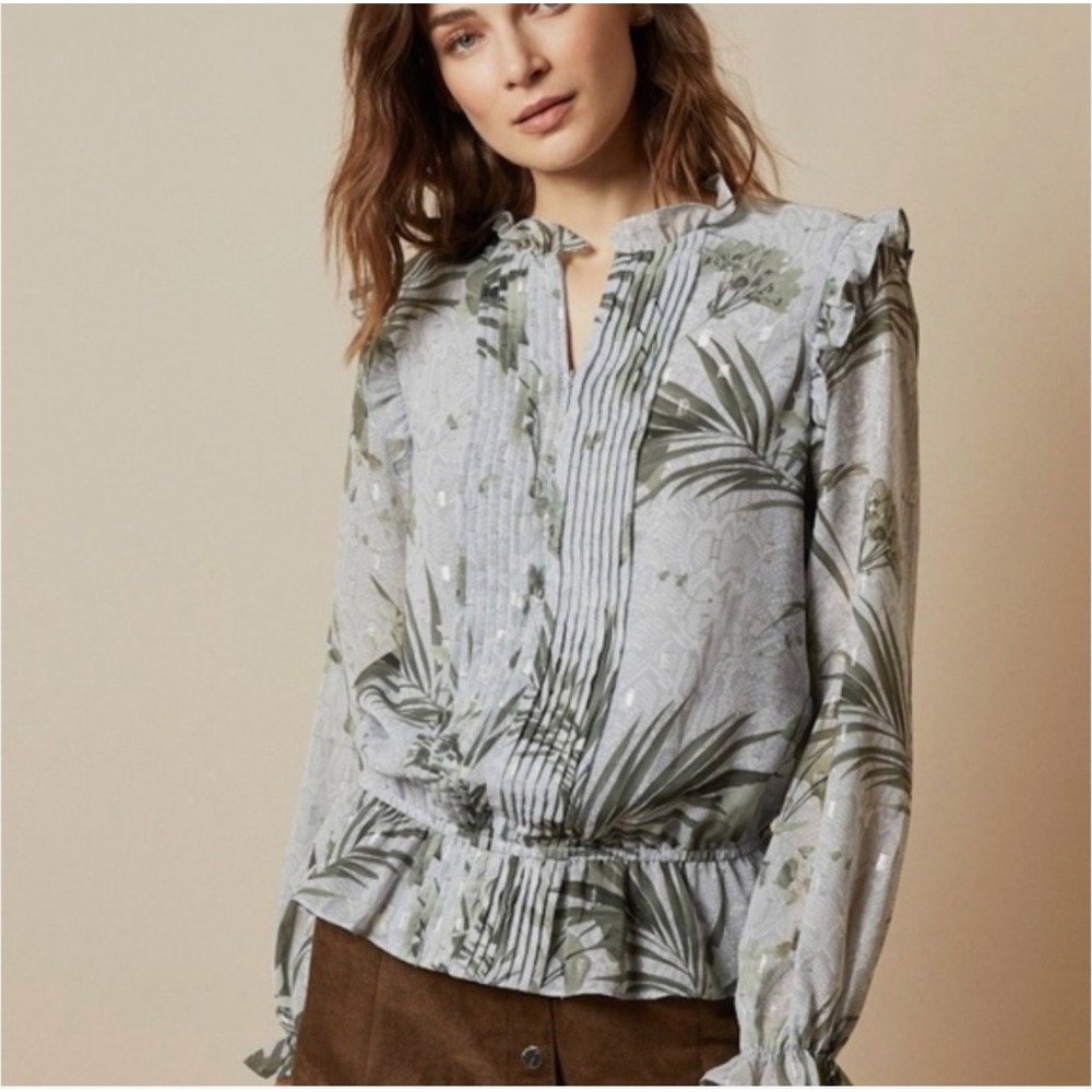TED BAKER Tibbine Highland Frill Blouse Green Plant‎ Leaf Print Gray